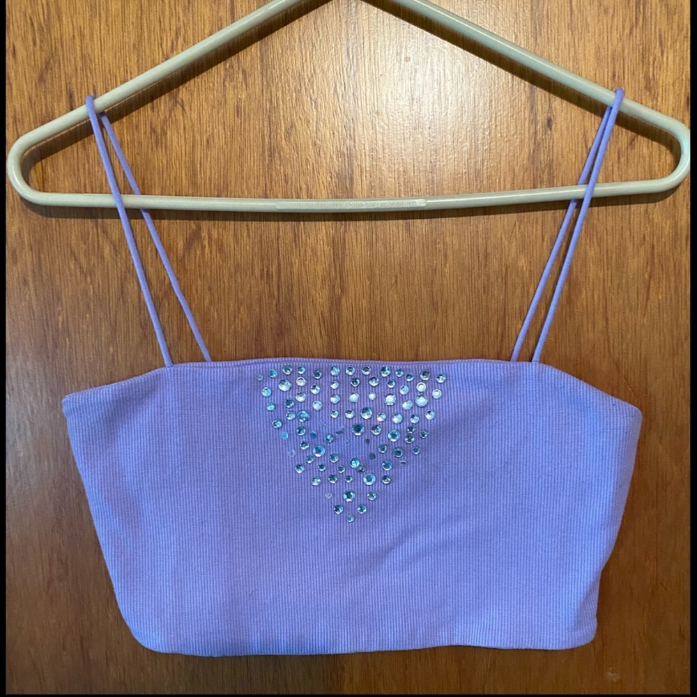 SHEIN Purple Ribbed Spaghetti Strap Rhinestone Cami Crop Top